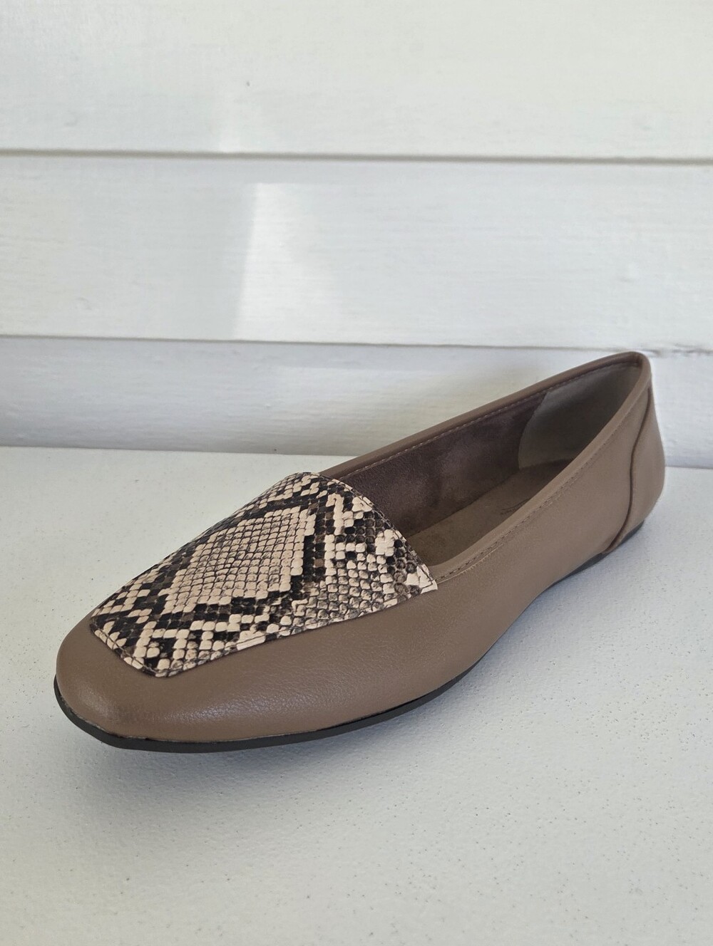 Taupe Women's Slip-On Loafer with Snake-Print Accent Size 10